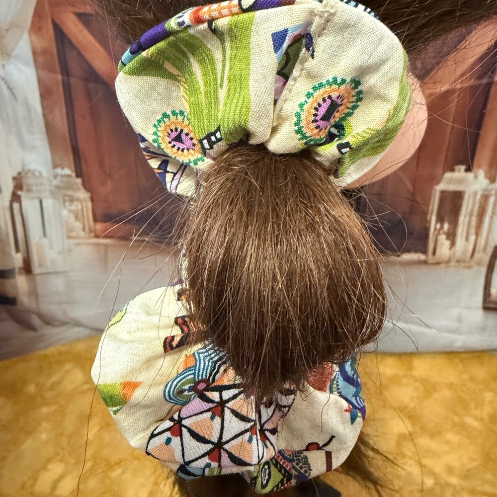 Boho Patterned Fabric Scrunchie - Cream Base with Multicolor Print - Picture 3 of 4